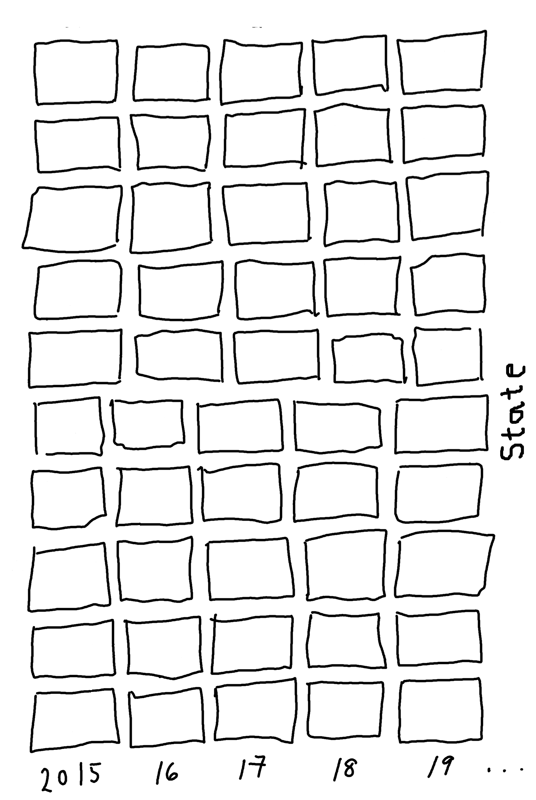 A sketch of a grid of empty squares with columns identifying years, and rows for different US states