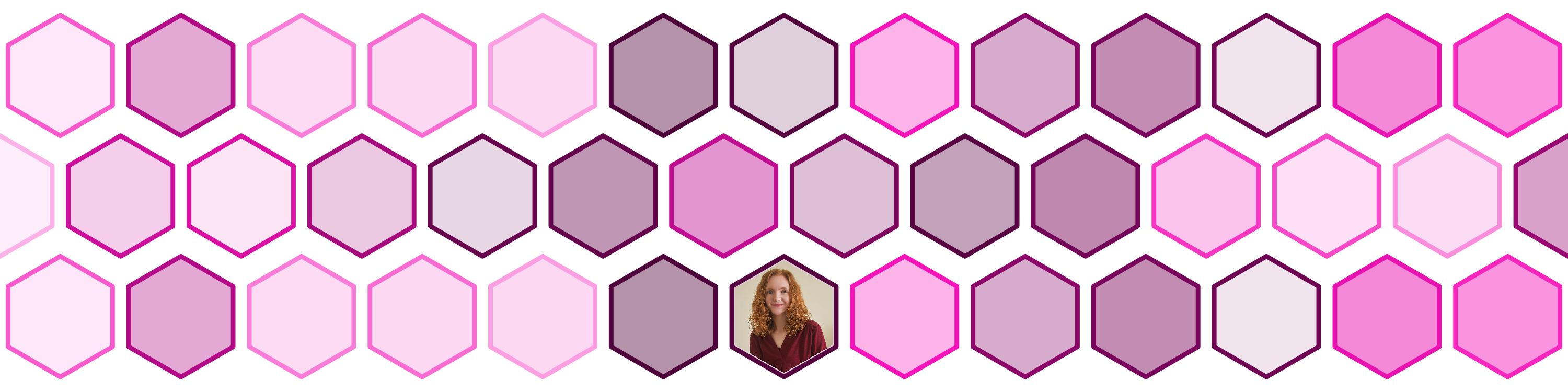 Grid of hexagons in different shades of pink and purple. The hexagon in the middle of the bottom row has a picture of Nicola.
