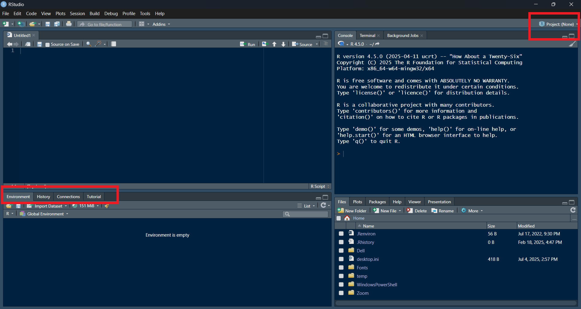 A screenshot of RStudio with no git pane.