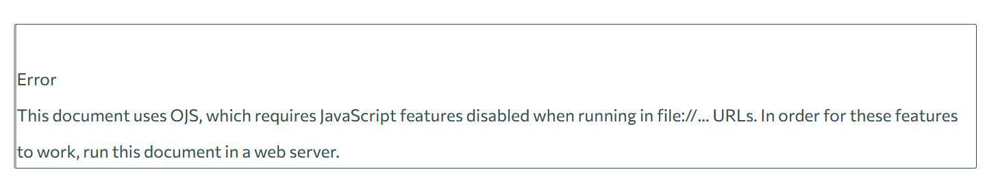 Screenshot of error message that says This document uses OJS, which requires JavaScript features disabled when running in file://... URLs. In order for these features to work, run this document in a web server.