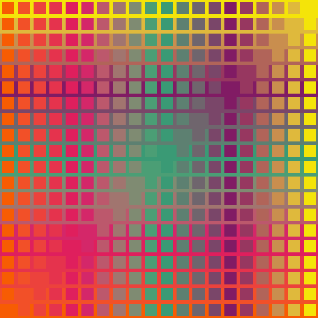 Generative art piece composed of a 20x20 grid of coloured squares.