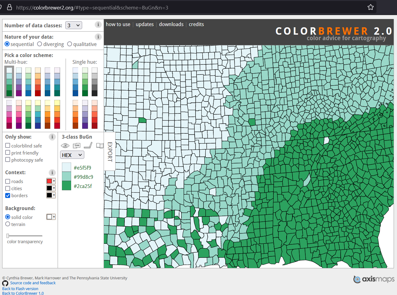 Screenshot of colorbrewer website