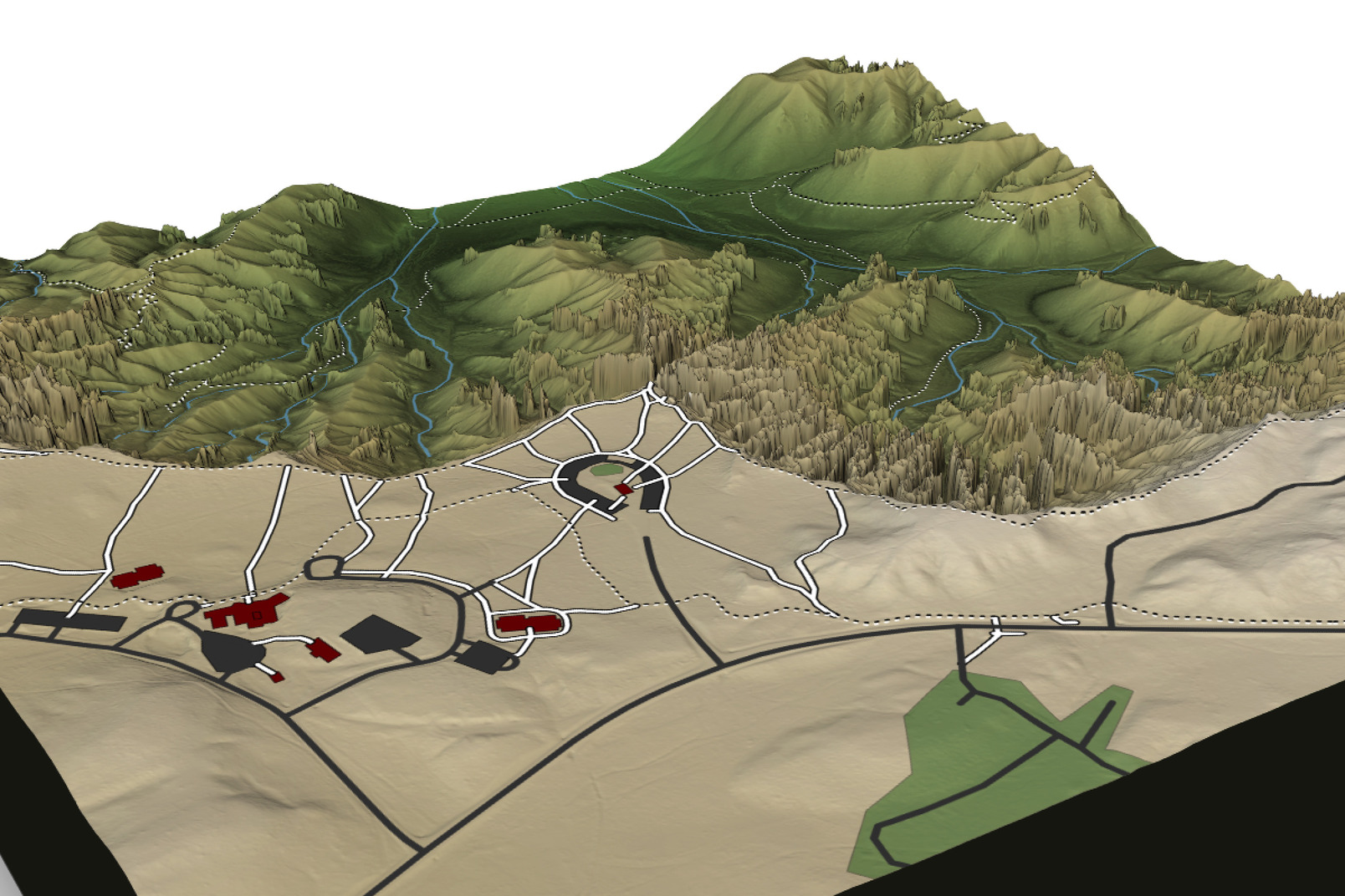3D map showing roads around a hillside