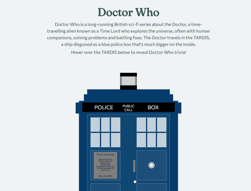 Gif of screen recording showing tooltips on TARDIS from Doctor Who revealing fun facts